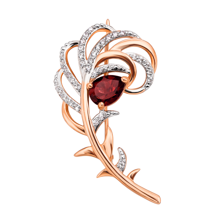 Золота брошка з гранатом і фіанітами. Артикул 4095/гр