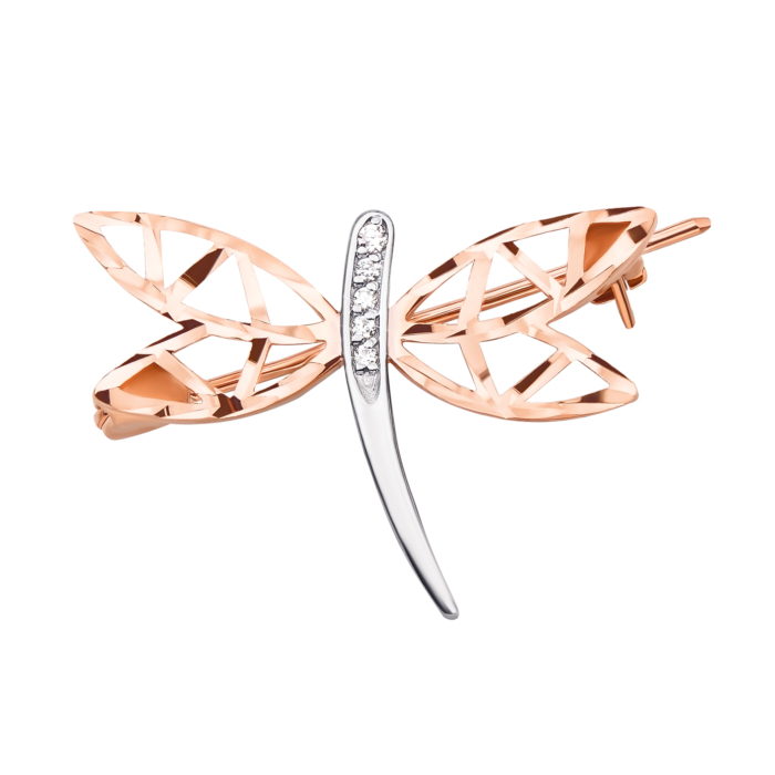 Золота брошка «Стрекоза» з фіанітами. Артикул 4097/01/3/36