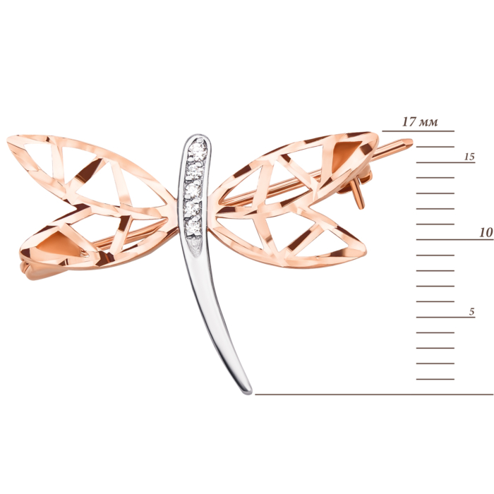 Золота брошка «Стрекоза» з фіанітами. Артикул 4097/01/3/36