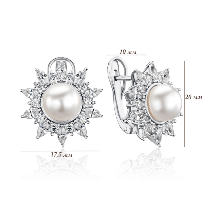 Срібні сережки з штучною перлиною та фіанітами 41010/12/1/21379