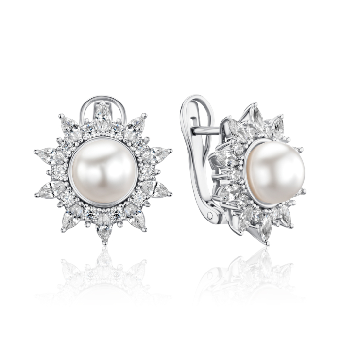 Срібні сережки з штучною перлиною та фіанітами 41010/12/1/21379