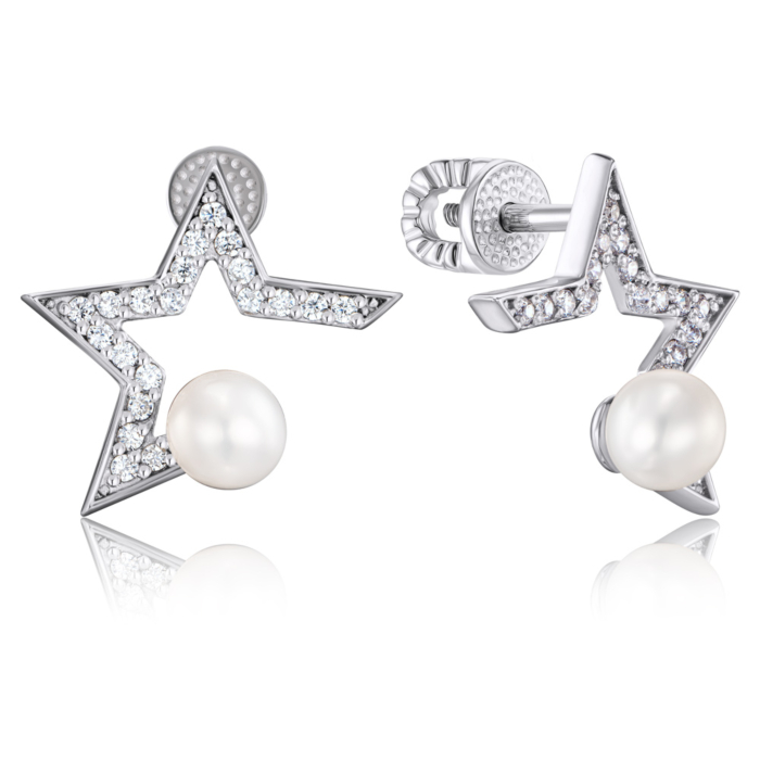 Срібні сережки з фіанітами та перлиною. Артикул 41017/12/1/2091