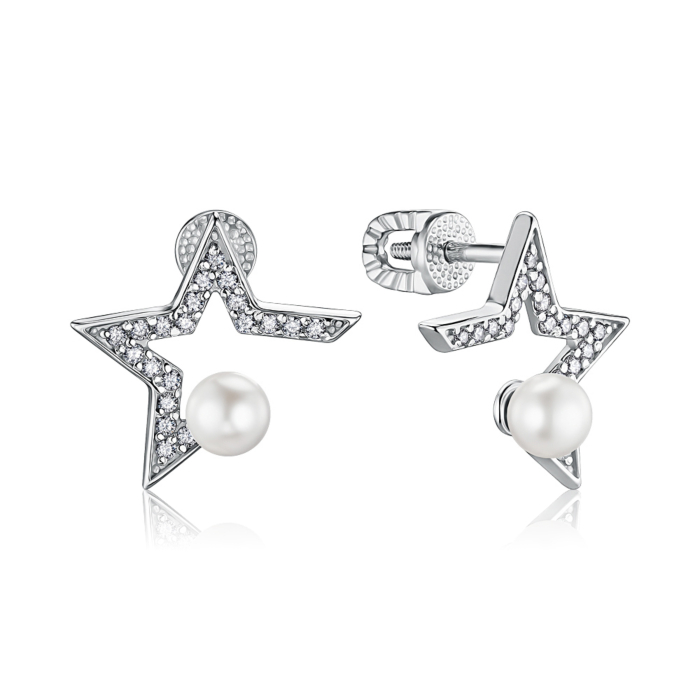 Срібні сережки Зірочки з штучною перлиною та фіанітами 41017/12/1/21416