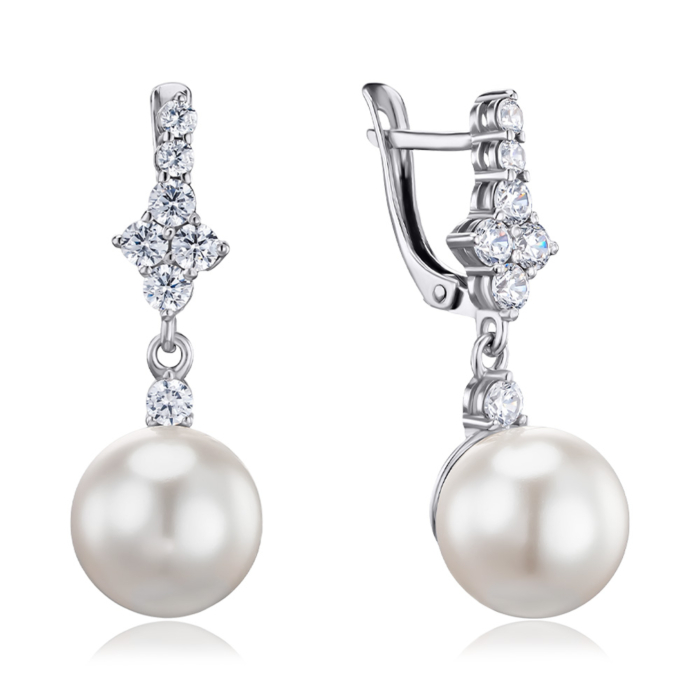 Срібні сережки з штучними перлами та фіанітами 41045/12/1/21382