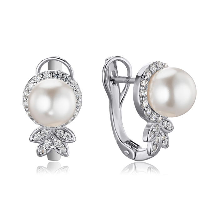 Срібні сережки з штучними перлами та фіанітами 41067/12/1/21400