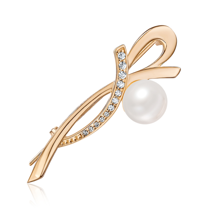 Золотая брошь с жемчужиной и фианитами. Артикул 4107