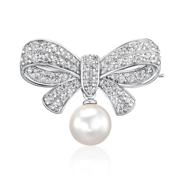 Срібна брошка зі штучною перлиною та фіанітами. Артикул 4108/12/1/21398