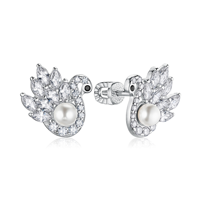 Срібні сережки Лебідь з штучною перлиною та фіанітами 41106/12/1/21418