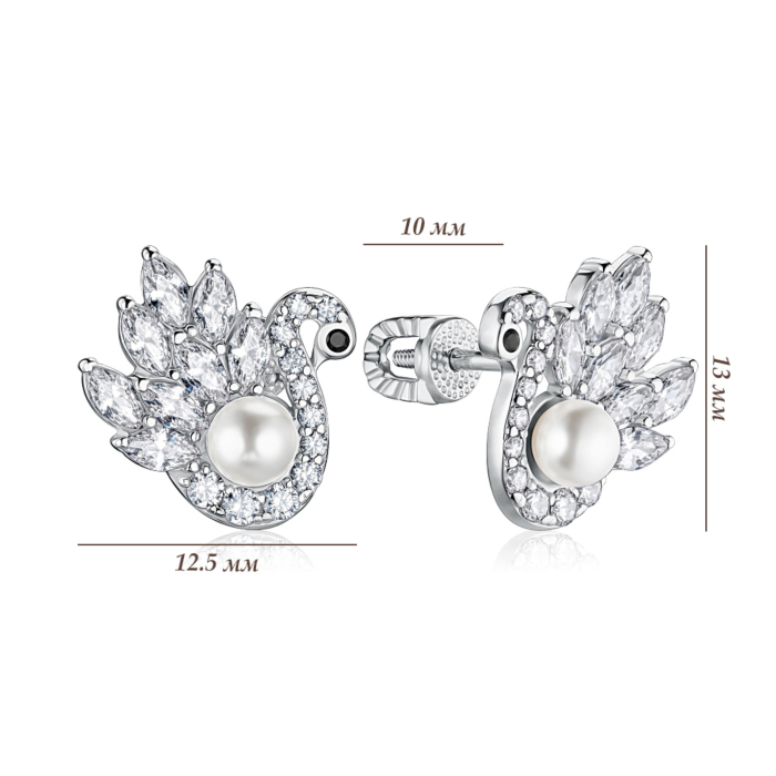 Срібні сережки Лебідь з штучною перлиною та фіанітами 41106/12/1/21418
