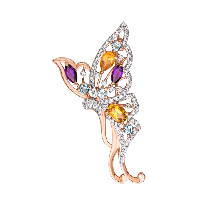 Золотая брошь с миксом полудрагоценных камней. Артикул 4111/01/1/5483