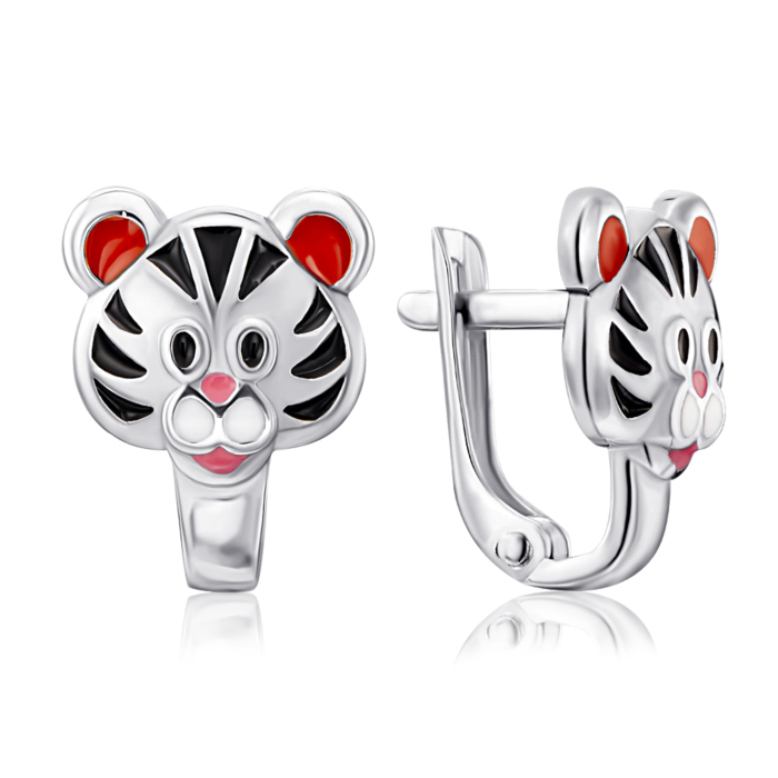 Срібні сережки-пусети «Тигр» з емаллю. Артикул 41131/12/1/3992