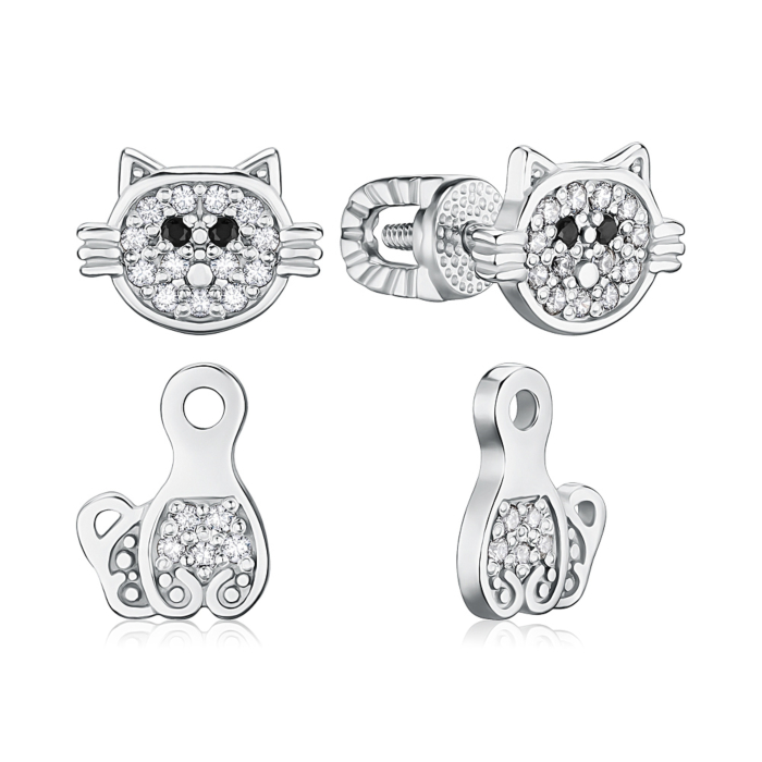 Серебряные серьги-джекеты Котики с фианитами 41140/12/1/3420