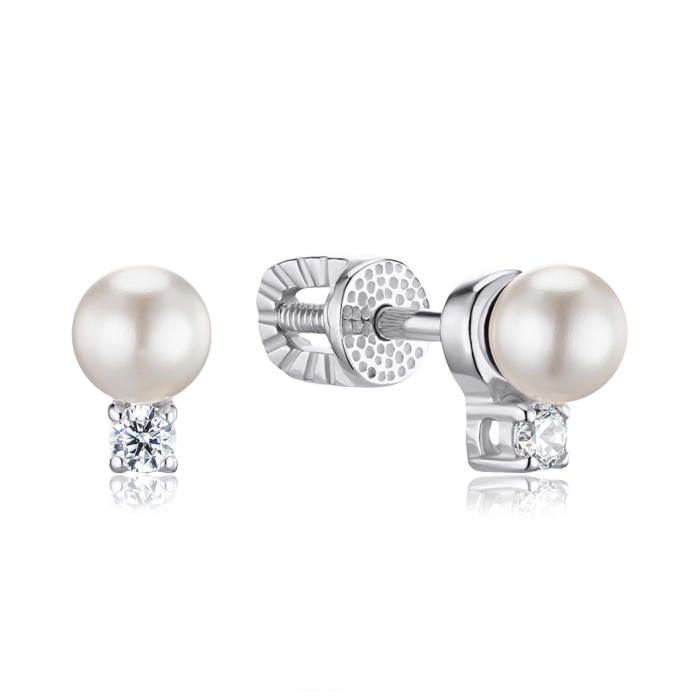 Срібні сережки-пусети з штучними перлами та фіанітами 41162/12/1/21403