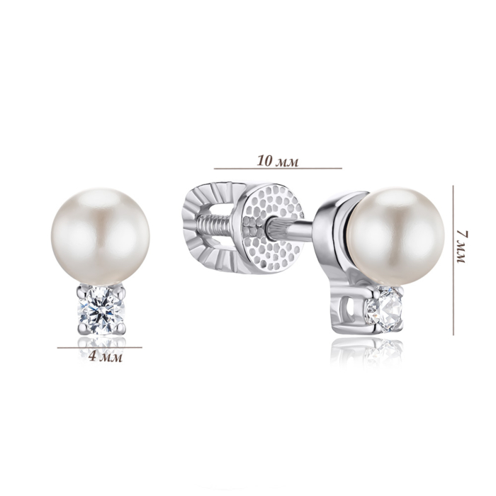 Срібні сережки-пусети з штучними перлами та фіанітами 41162/12/1/21403