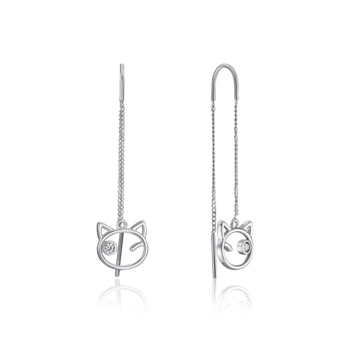 Срібні сережки-протяжки «Кішка» з фіанітами. Артикул 41173/12/1/52