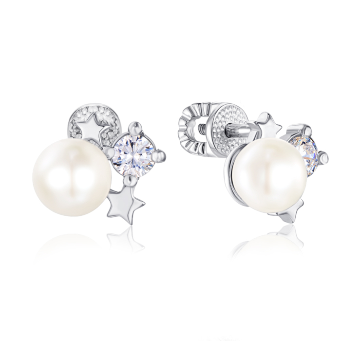 Серебряные серьги-пуссеты с фианитами и жемчугом. Артикул 41202/12/1/4111