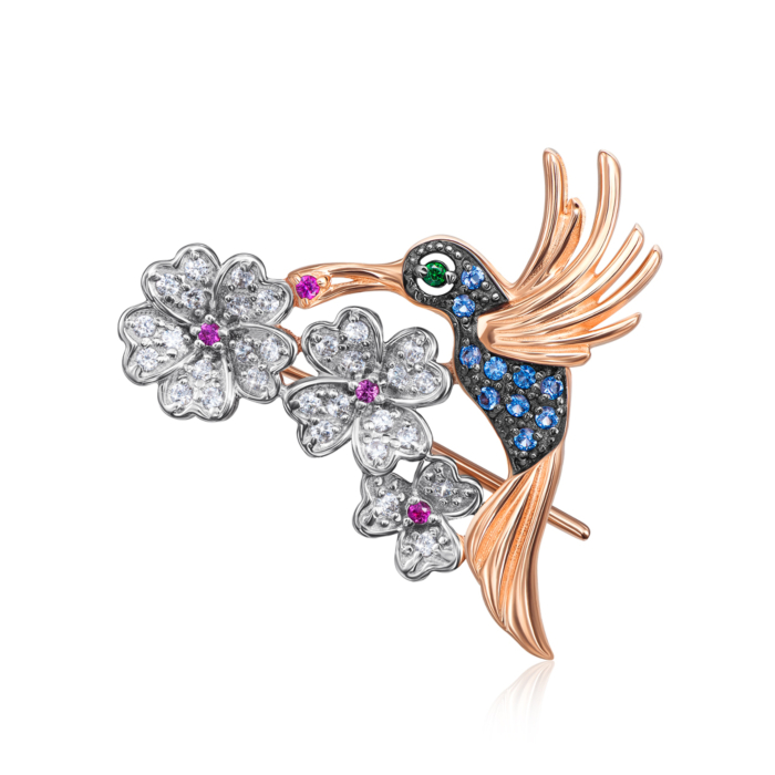 Золотая брошь «Колибри» с фианитами. Артикул 4127/01/1/1819