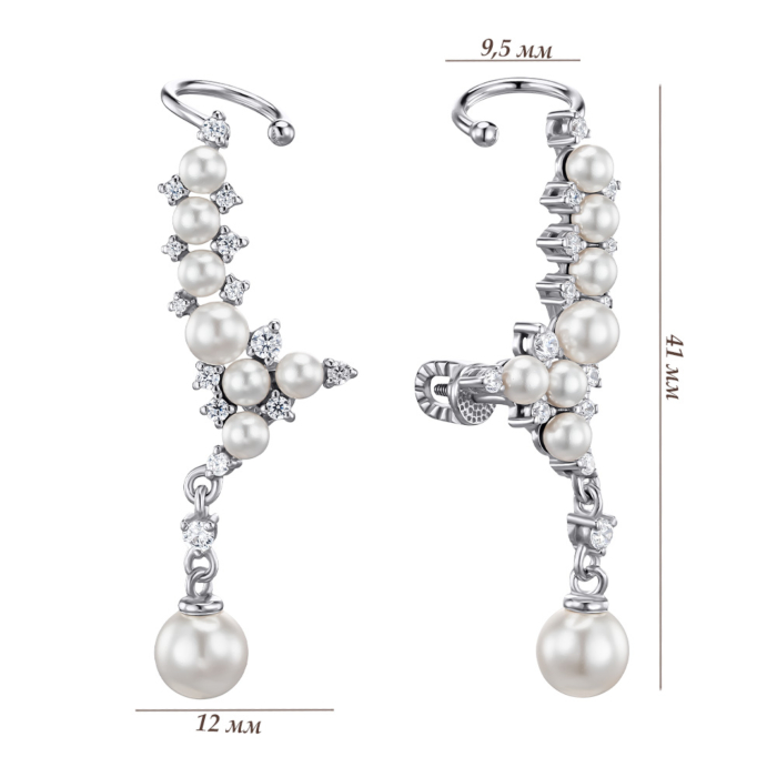Серебряные серьги-пуссеты с искусственным жемчугом и фианитами 41293/12/1/21429