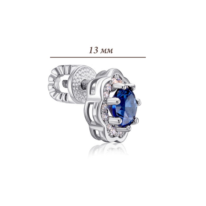 Серебряные пуссеты с фианитами и сапфиром. Артикул 41306/12/1/1112