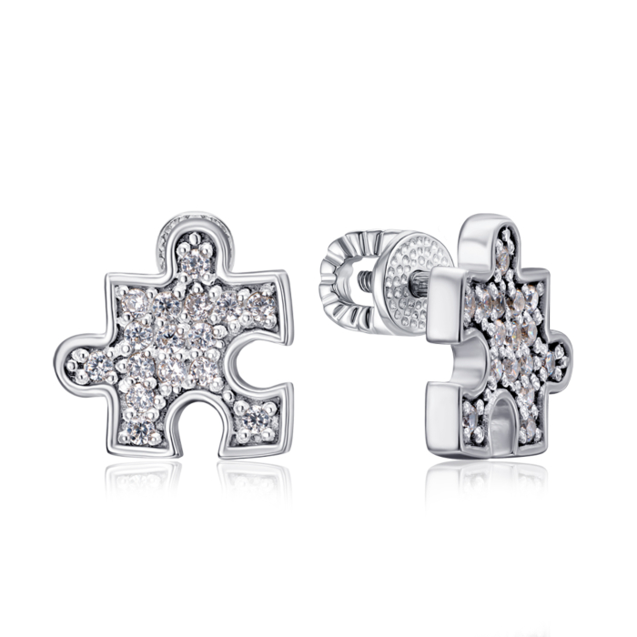 Серебряные серьги-пуссеты "Пазл" с фианитами. Артикул 41310/12/1/1