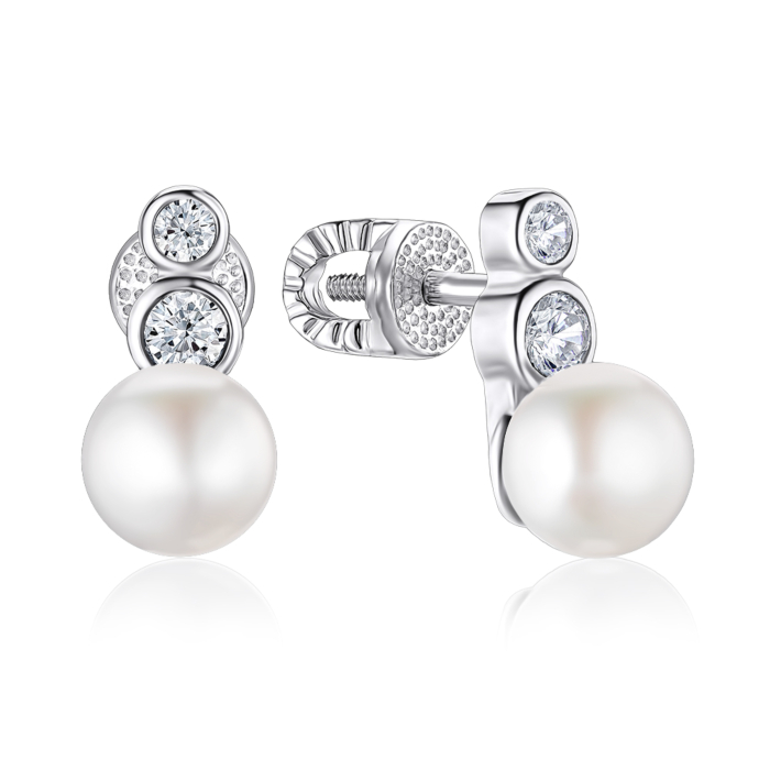 Срібні сережки з перлиною та фіанітами. Артикул 41339/12/1/21346
