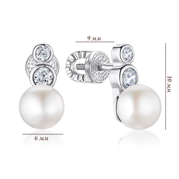 Срібні сережки з перлиною та фіанітами. Артикул 41339/12/1/21346