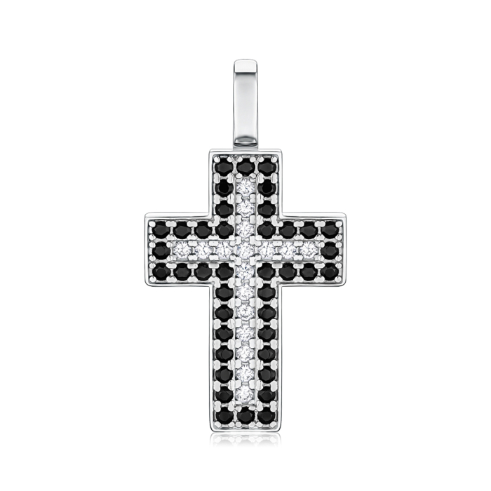 Срібний хрестик з чорними та білими фіанітами 500863-Кр.Р л.к.б/ч40