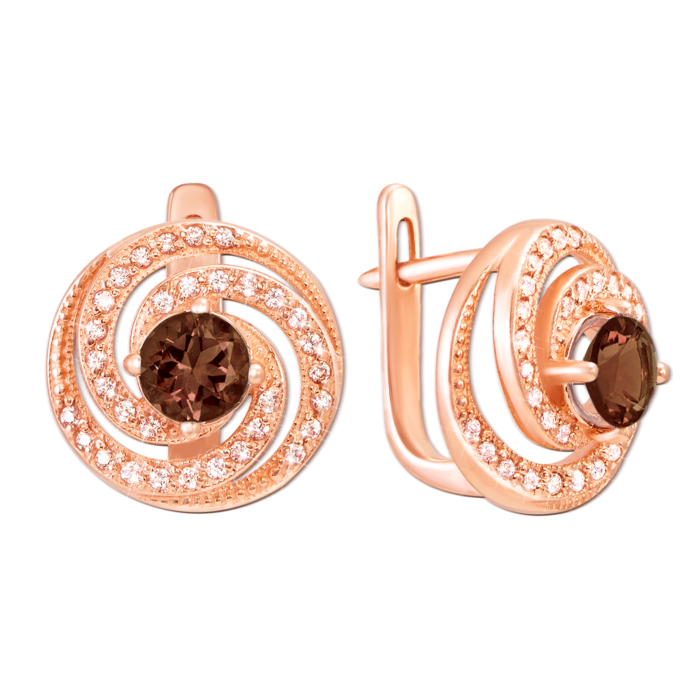 Золотые серьги с раухтопазом и фианитами. Артикул 50299/раух к