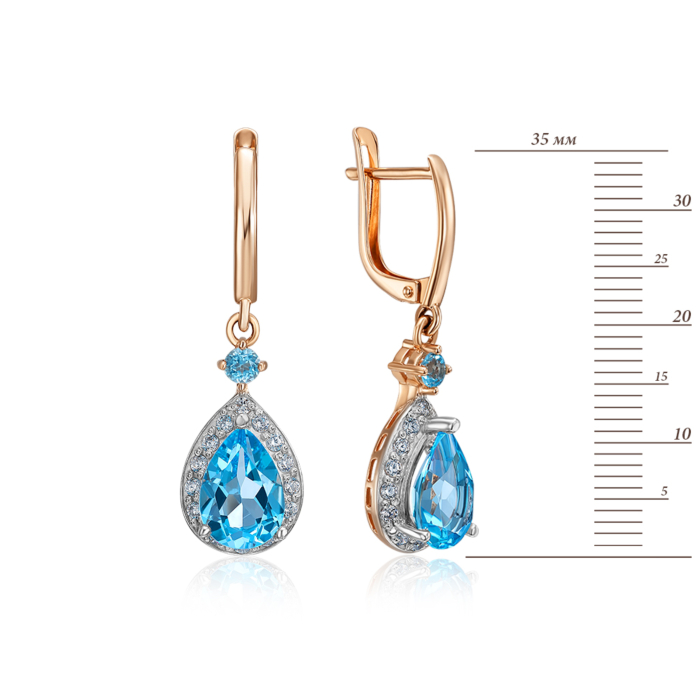 Золоті сережки-підвіски з топазом swiss і фіанітами. Артикул 50308/01/1/5351