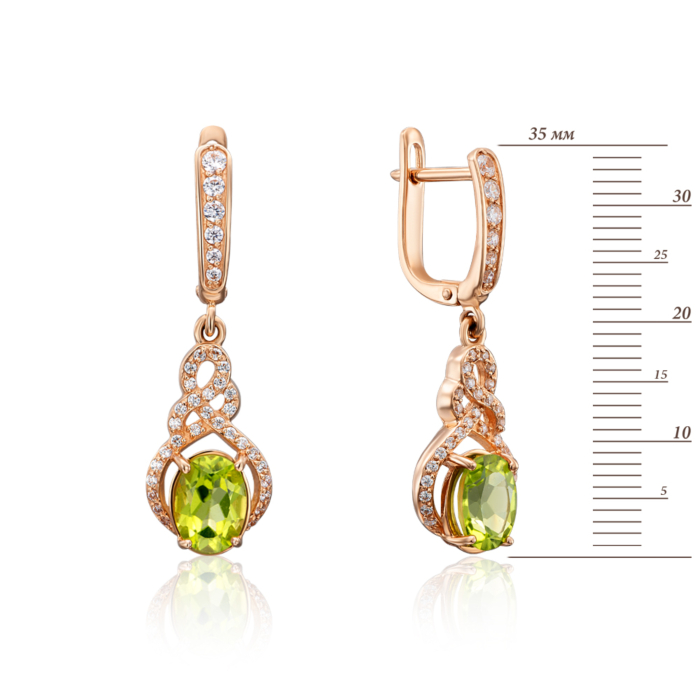 Золотые серьги-подвески с хризолитом и фианитами. Артикул 50321/хр кп