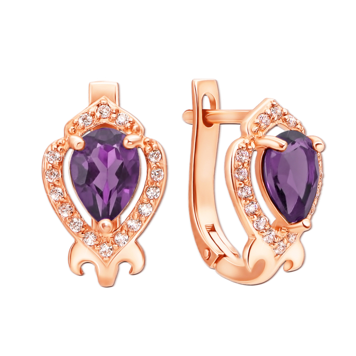 Золоті сережки з аметистом і фіанітами. Артикул 50357/ам к