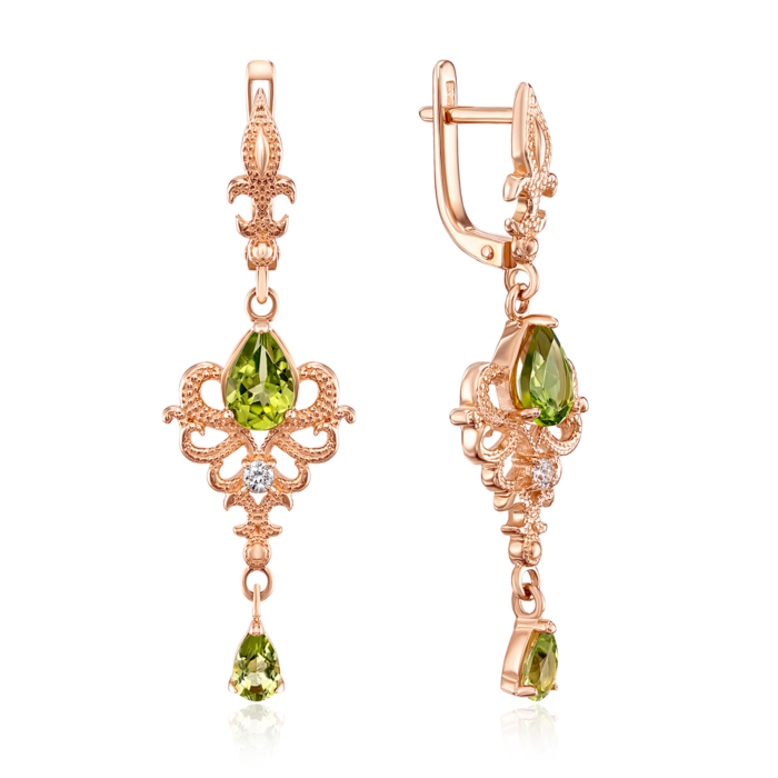 Золотые серьги-подвески с хризолитом и фианитами. Артикул 50362/01/0/5841