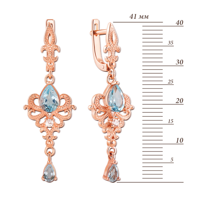 Золотые серьги-подвески с топазом и фианитами. Артикул 50362/топ