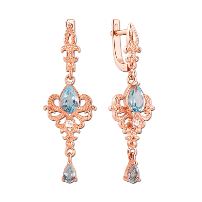 Золотые серьги-подвески с топазом и фианитами. Артикул 50362/топ