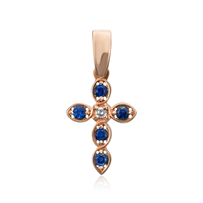 Золотой крестик с сапфирами и бриллиантом. Артикул 50965/01/0/10271