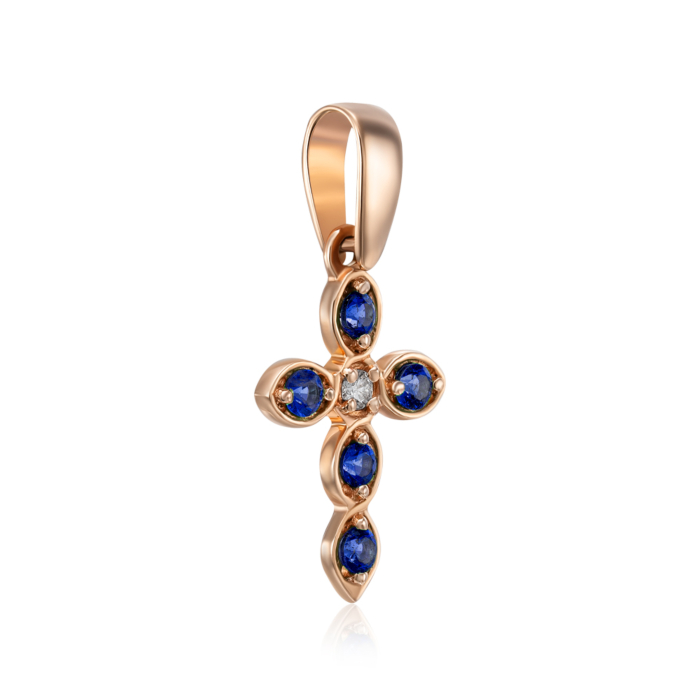 Золотий хрестик з сапфірами та діамантом. Артикул 50965/01/0/10271