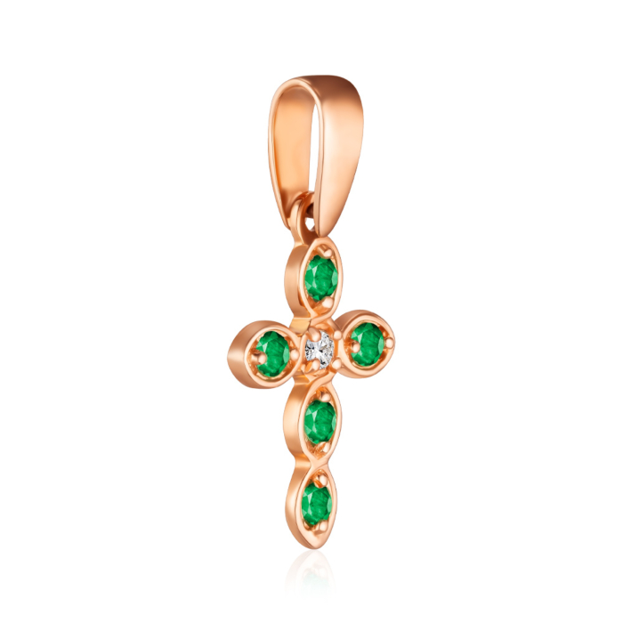 Золотой крестик с изумрудами и бриллиантом. Артикул 50965/01/0/11443