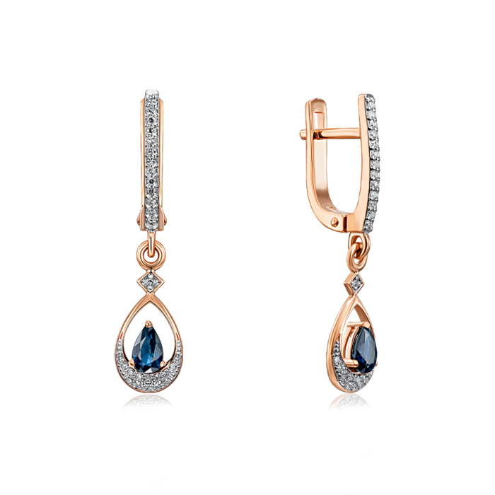 Золоті сережки-підвіски з сапфіром та діамантами. Артикул 520019/01/1/10262