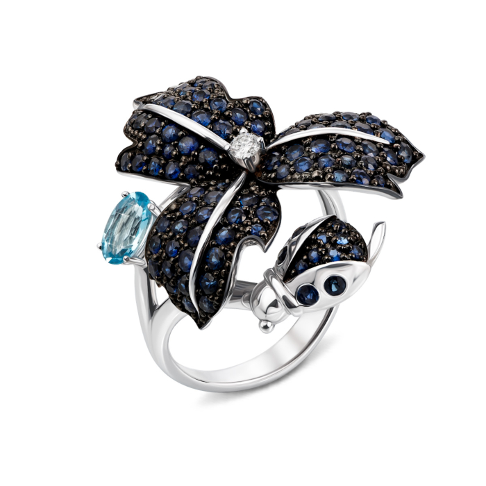 Золотое кольцо с сапфирами, бриллиантами и топазом. Артикул 52397/02/1/8296