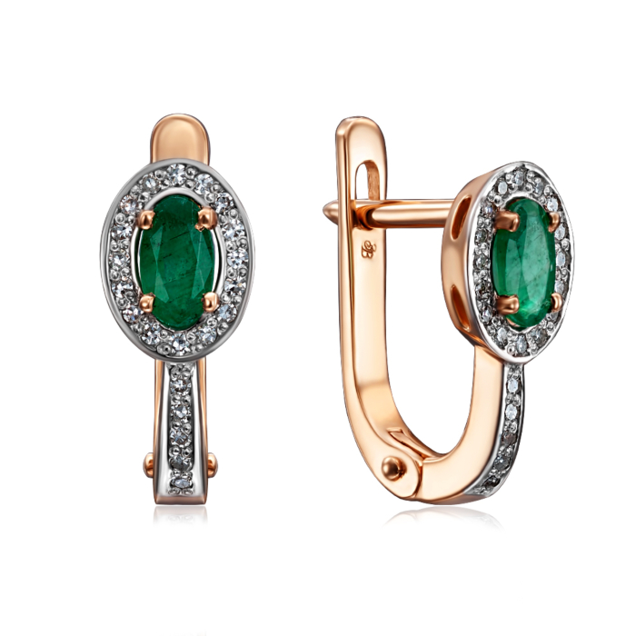 Золоті сережки зі смарагдом та діамантами в класичному стилі 52862/01/1/8036