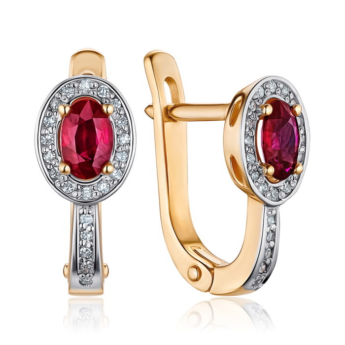 Золотые серьги с рубином и бриллиантами в классическом стиле. 52862/01/1/8231