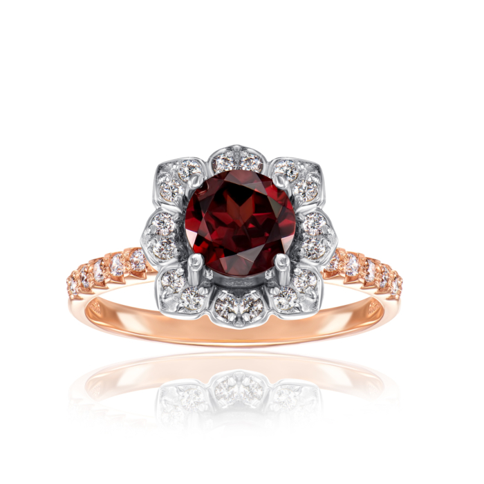 Золота каблучка «Квітка» з гранатом і фіанітами. Артикул 530054/гр с