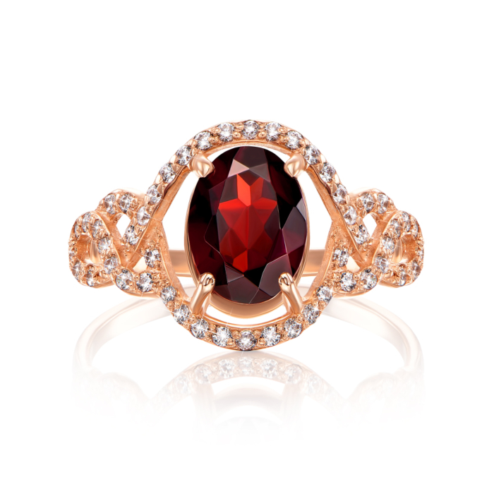 Золота каблучка з гранатом і фіанітами. Артикул 530085/01/0/5050