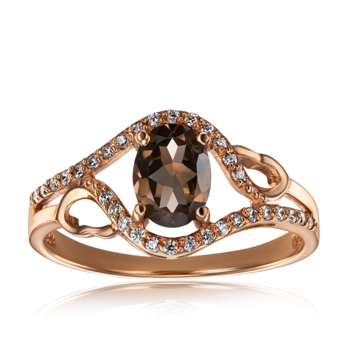 Золотое кольцо с раухтопазом и фианитами. Артикул 530119/раух с