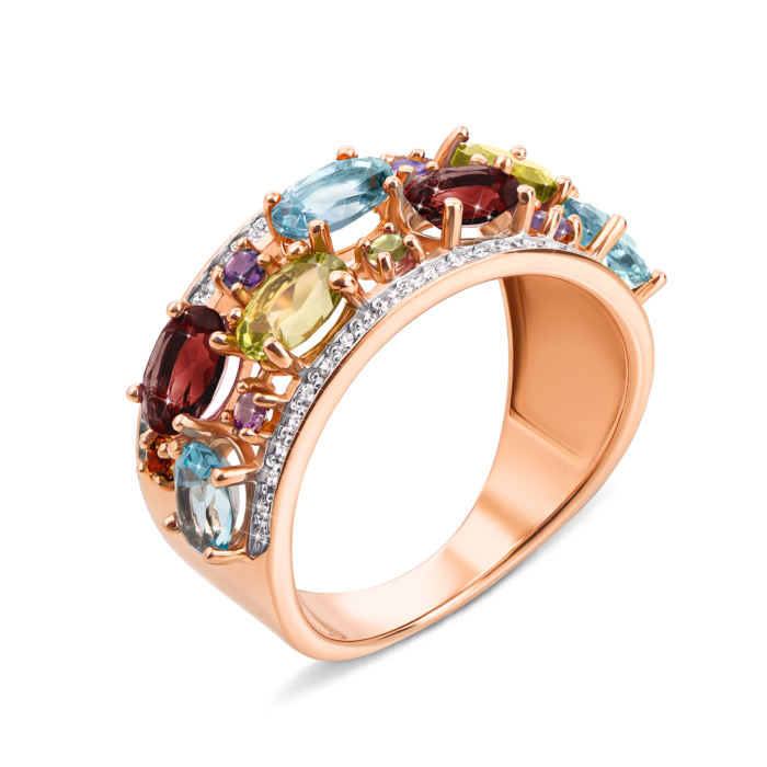 Золотое кольцо с миксом полудрагоценных камней. Артикул 530209/01/1/5357