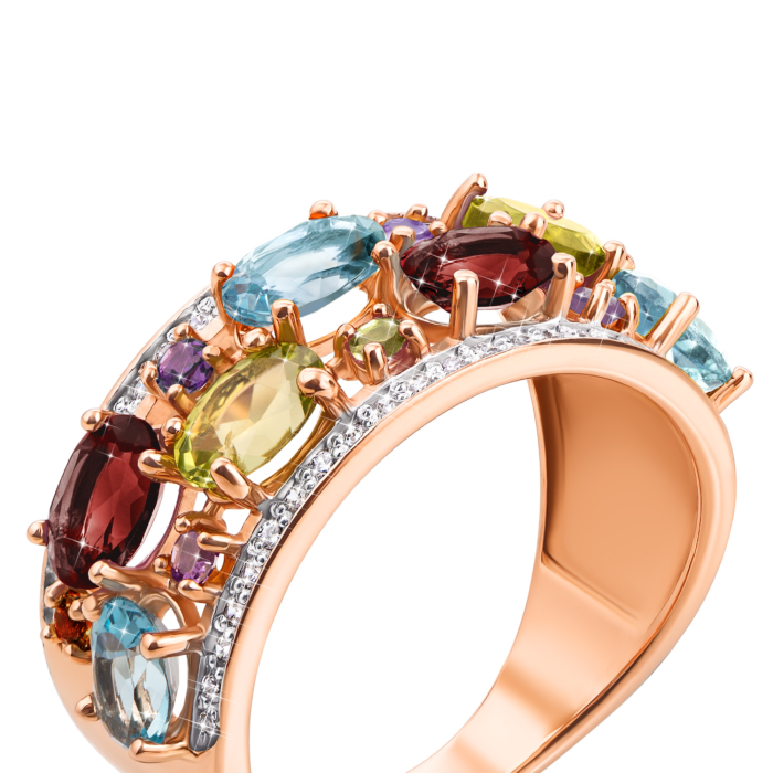 Золотое кольцо с миксом полудрагоценных камней. Артикул 530209/01/1/5357