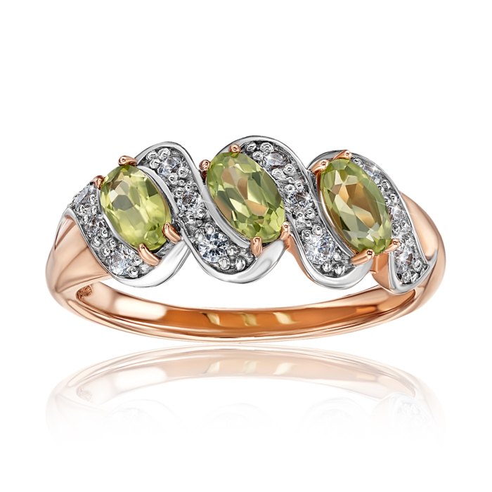 Золота каблучка з хризолітом і фіанітами. Артикул 530210/01/1/5552