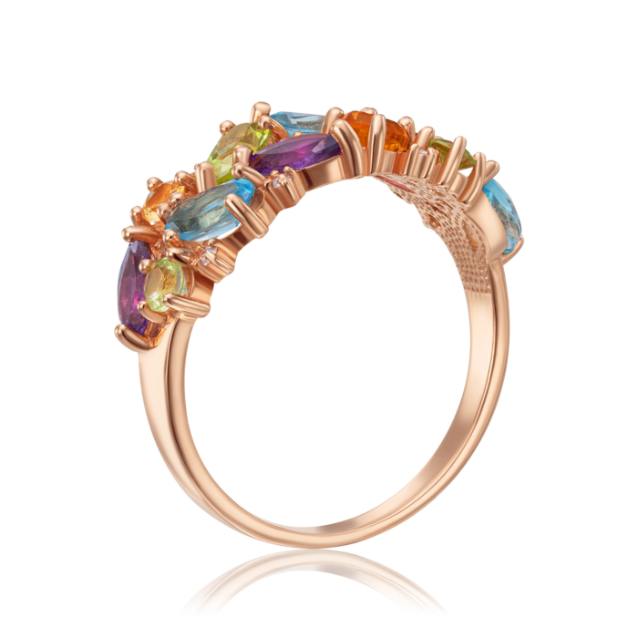 Золотое кольцо с миксом полудрагоценных камней. Артикул 530211/01/0/5372