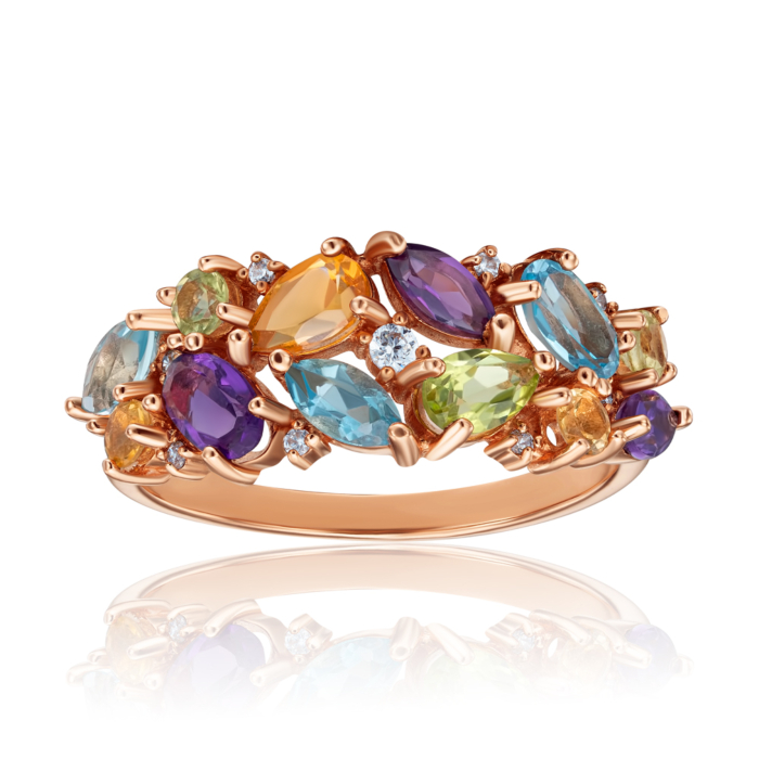 Золотое кольцо с миксом полудрагоценных камней. Артикул 530211/01/0/5372