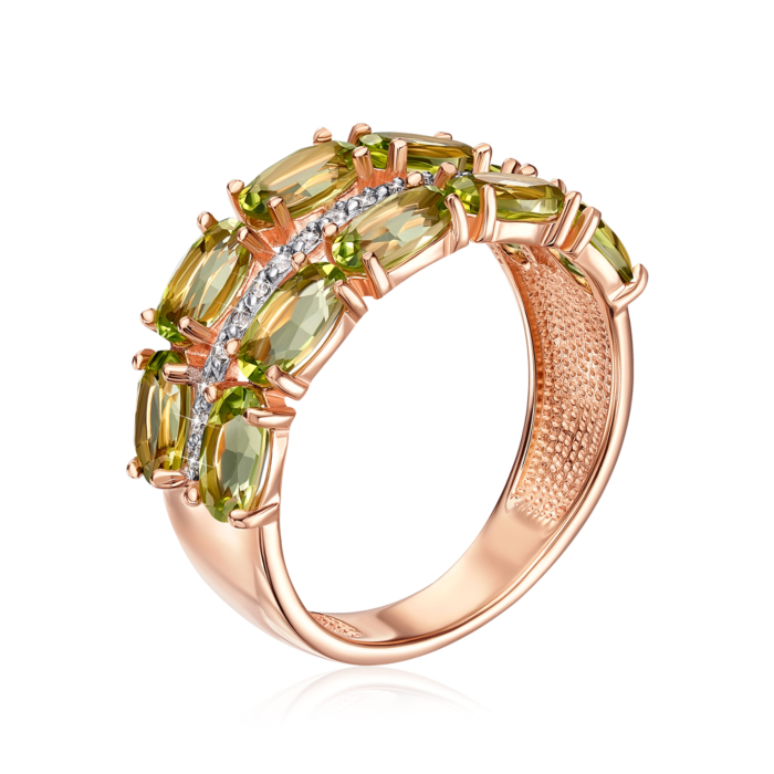 Золотое кольцо с хризолитами и фианитами. Артикул 530278/01/1/6130